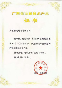 欧式箱变高新技术产品证书